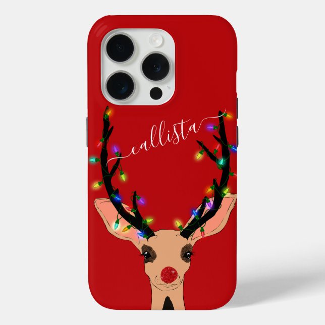 Cute Red Reindeer Deer Glowing Christmas Lights Case-Mate iPhone Case (Back)