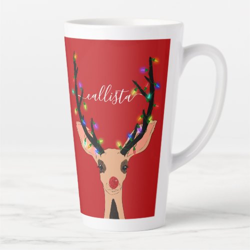 Cute Red Reindeer Deer Glowing Christmas Lights Latte Mug