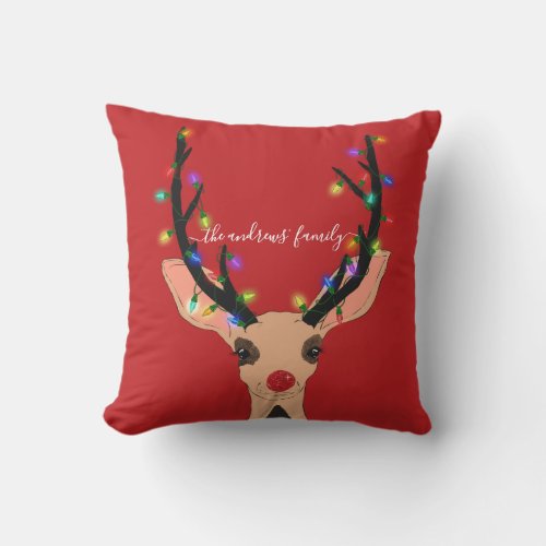 Cute Red Reindeer Deer Glowing Christmas Lights Outdoor Pillow