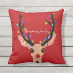 Cute Red Reindeer Deer Glowing Christmas Lights Outdoor Pillow<br><div class="desc">This cute and artsy illustration is a beautiful depiction of one of the holiday's most loved animals. It features a hand-drawn black outlined tan-brown reindeer deer with pink, teal, green, blue, yellow, orange, and purple glowing Christmas lights around her antlers. It's placed on a bright red background but can be...</div>