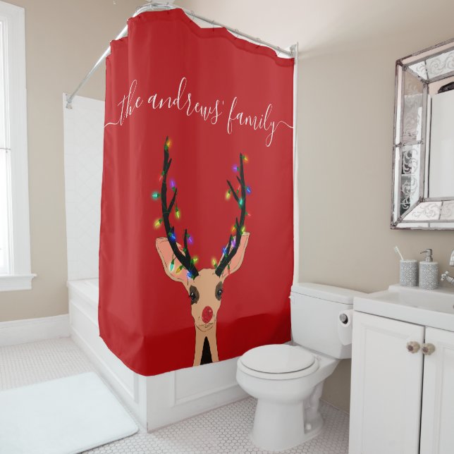 Cute Red Reindeer Deer Glowing Christmas Lights Shower Curtain (In Situ)
