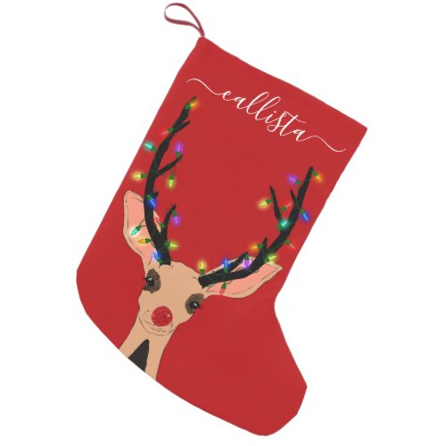 Cute Red Reindeer Deer Glowing Christmas Lights Small Christmas Stocking