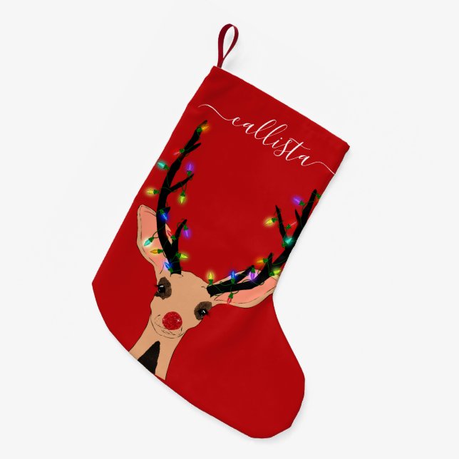 Cute Red Reindeer Deer Glowing Christmas Lights Small Christmas Stocking (Front (Hanging))