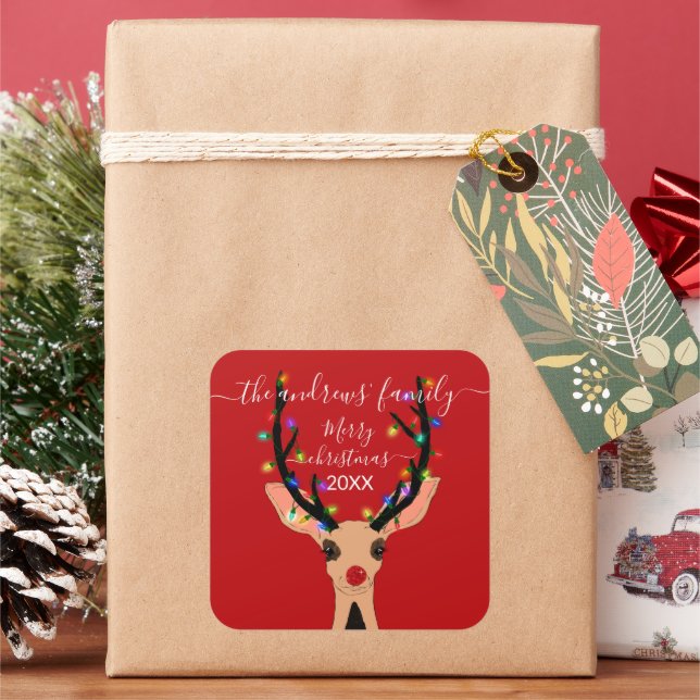 Cute Red Reindeer Deer Glowing Christmas Lights Square Sticker (Holiday)