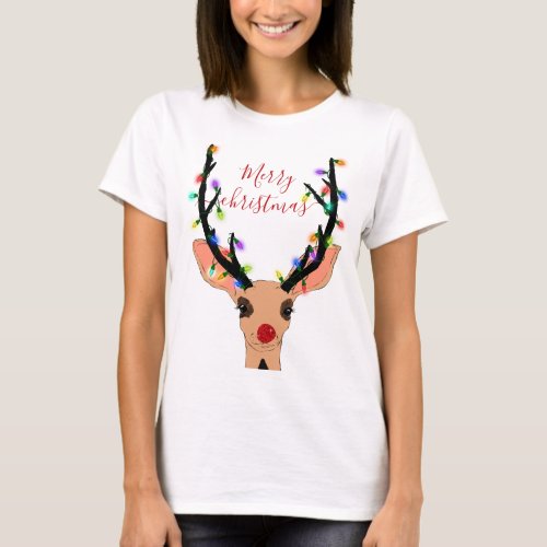 Cute Red Reindeer Deer Glowing Christmas Lights T_Shirt