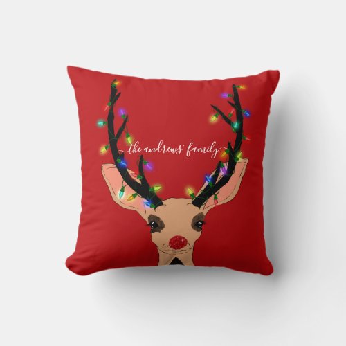 Cute Red Reindeer Deer Glowing Christmas Lights Throw Pillow