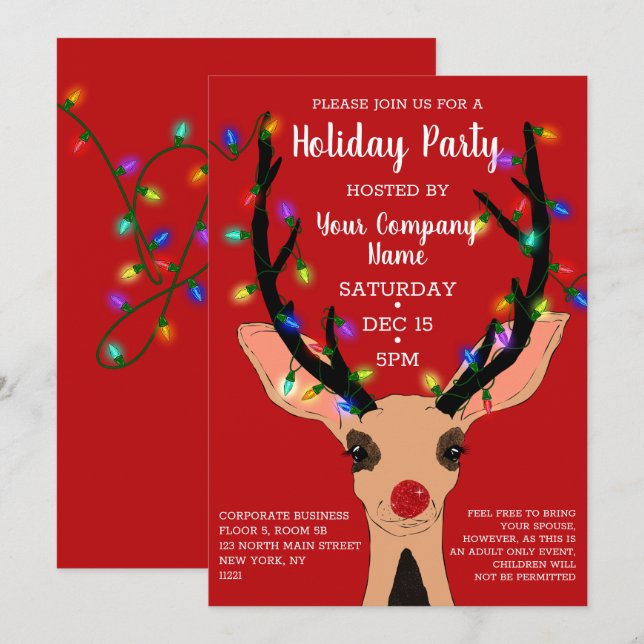 Cute Red Reindeer Glowing Lights Corporate Holiday Invitation (Front/Back)