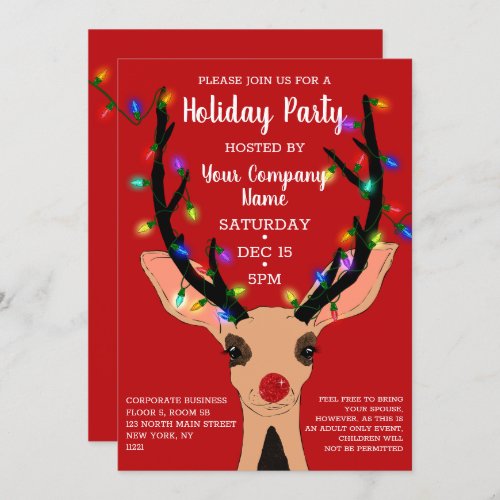 Cute Red Reindeer Glowing Lights Corporate Holiday Invitation