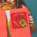 Cute Red Reindeer Kid`s Name Christmas Gift Square Sticker<br><div class="desc">Cute Red Reindeer Kid`s Name Christmas Gift Square Sticker. Funny cartoon reindeer with a red nose on rustic a red background with white snowflakes. The sticker has a name template - personalize the sticker with your name.</div>