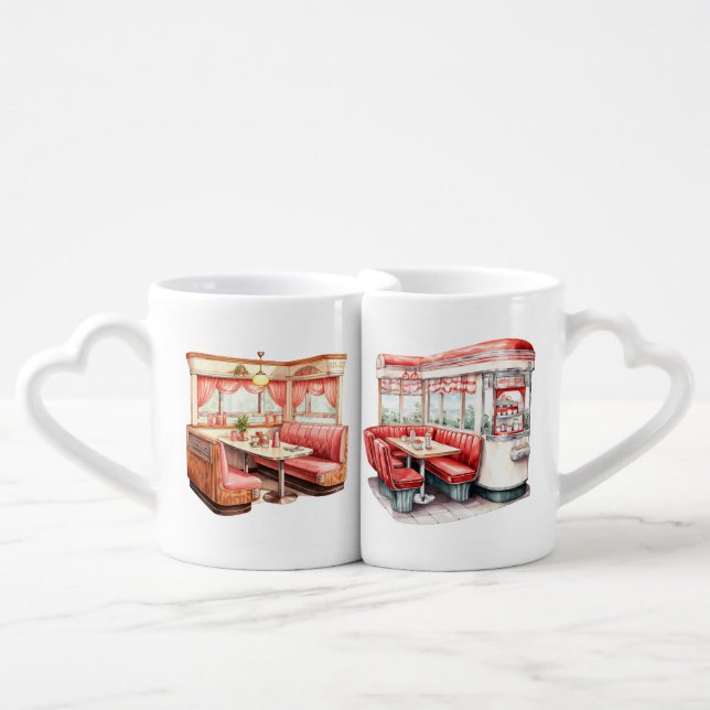 CUTE RED RETRO DINER RESTAURANT TABLES COFFEE MUG SET (Front Nesting)