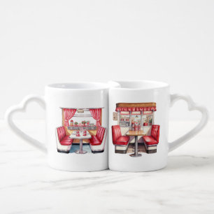 CUTE RED RETRO DINER RESTAURANT TABLES COFFEE MUG SET