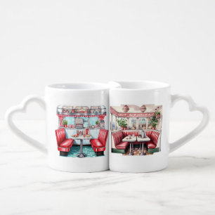 CUTE RED RETRO DINER RESTAURANT TABLES COFFEE MUG SET