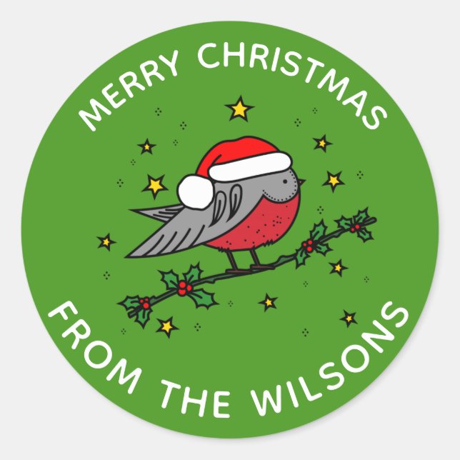 Cute Red Robin Bird Merry Christmas Classic Round Sticker (Front)