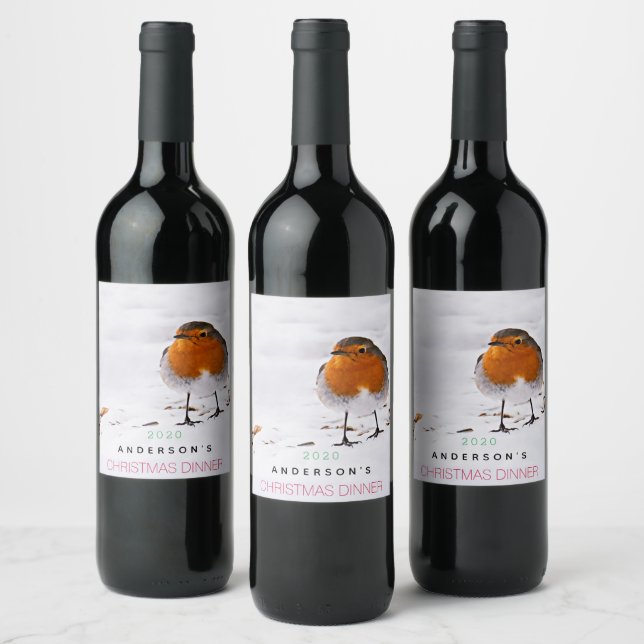 Cute red robin bird snow Christmas Dinner Party Wine Label (Bottles)