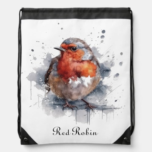 Cute Red Robin in watercolor Drawstring Bag
