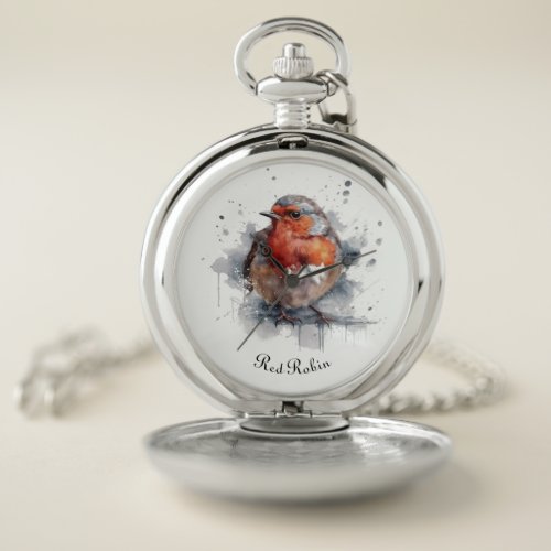 Cute Red Robin in watercolor Pocket Watch