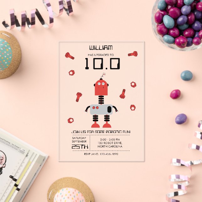 Cute Red Robot Theme Kids Robots Birthday Party Acrylic Invitations (Insitu (Celebration))