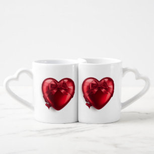 Cute Red Rose Valentine Heart Handle Ceramic Gift  Coffee Mug Set