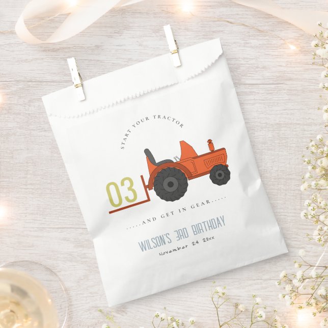 Cute Red Rust Farm Tractor Kids Any Age Birthday Favor Bag (Clipped)