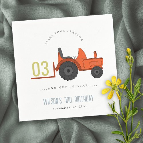 Cute Red Rust Farm Tractor Kids Any Age Birthday Napkins