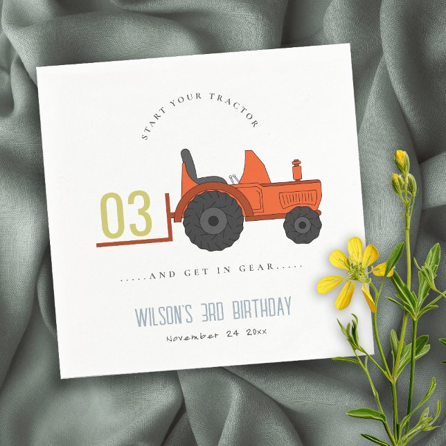 Cute Red Rust Farm Tractor Kids Any Age Birthday Napkins (Creator Uploaded)