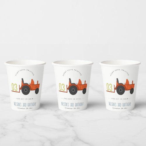 Cute Red Rust Farm Tractor Kids Any Age Birthday Paper Cups