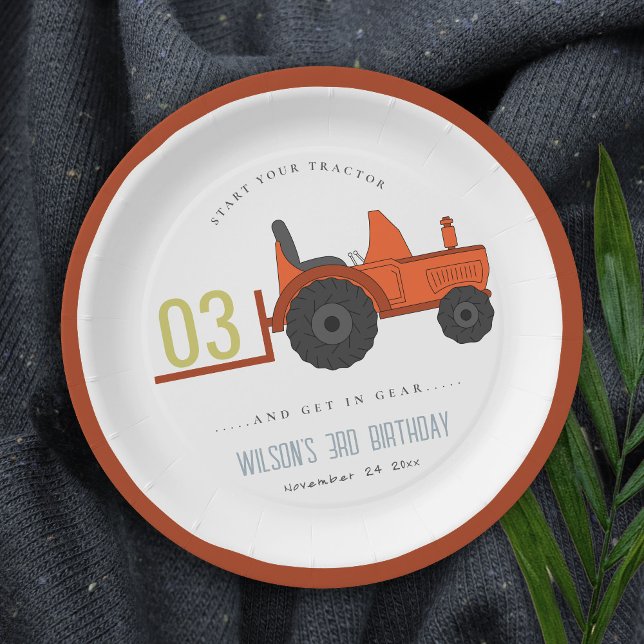 Cute Red Rust Farm Tractor Kids Any Age Birthday Paper Plates (Creator Uploaded)