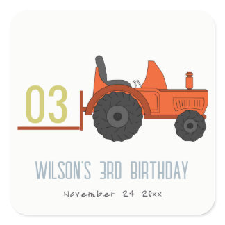 Cute Red Rust Farm Tractor Kids Any Age Birthday Square Sticker
