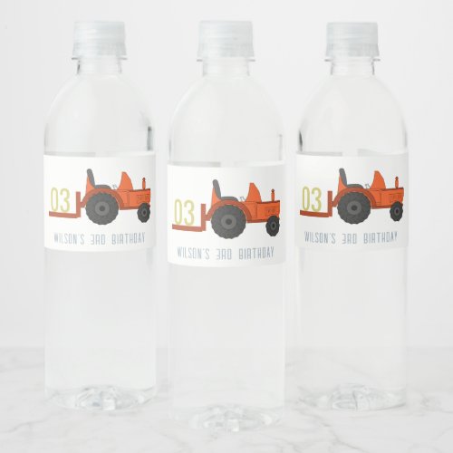 Cute Red Rust Farm Tractor Kids Any Age Birthday Water Bottle Label