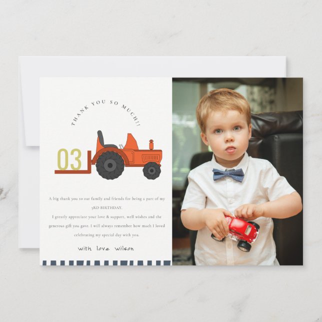 Cute Red Rust Farm Tractor Kids Photo Birthday Thank You Card (Front)
