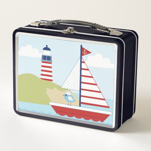 Cute Red Sail Boat and Lighthouse Metal Lunch Box (Front)