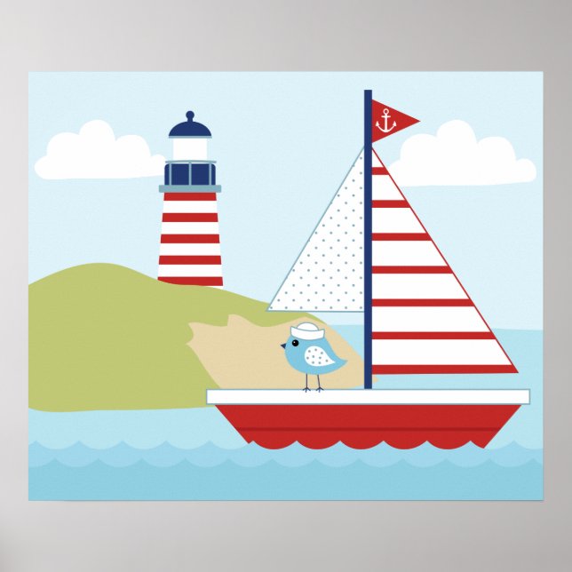 Cute Red Sail Boat and Lighthouse Poster (Front)
