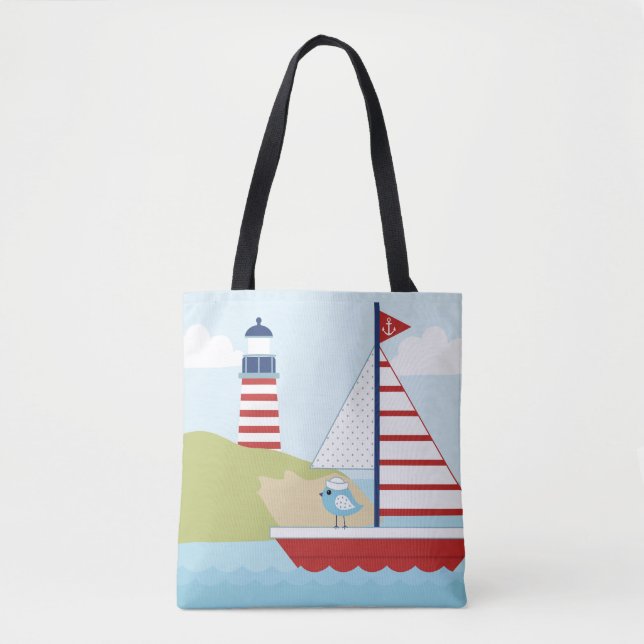 Cute Red Sail Boat and Lighthouse Tote Bag (Front)