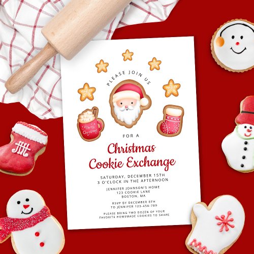 Cute Red Santa Claus Christmas Cookie Exchange Invitation