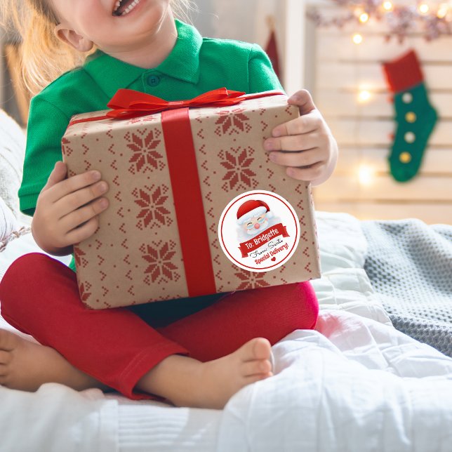 Cute Red Santa Claus Christmas Gift  Classic Round Sticker (personalized special delivery tags from santa kris kringle for santa's helper elves gift ideas)
