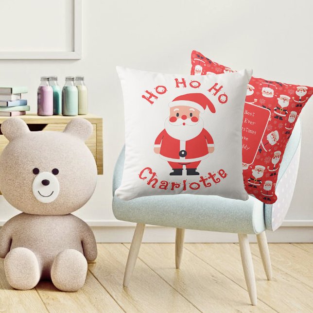 Cute Red Santa Girls Name Throw Pillow (Kids Playroom - Front And Back )