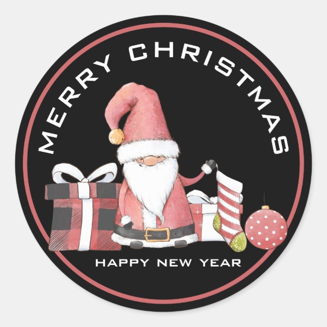 Cute Red Santa Gnome with Christmas Gifts Classic Round Sticker (Front)