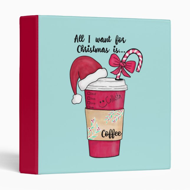 Cute Red Santa Hat Coffee Candy Cane Christmas 3 Ring Binder (Front/Spine)