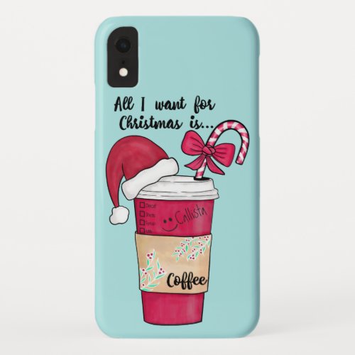Cute Red Santa Hat Coffee Candy Cane Christmas iPhone XR Case