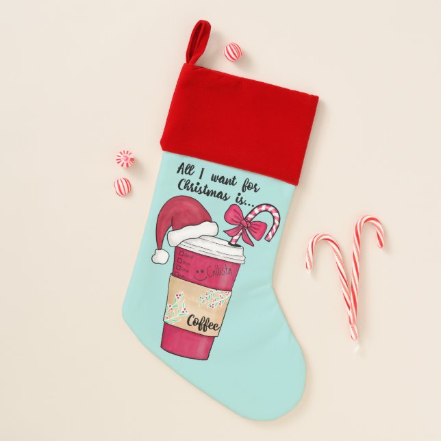 Cute Red Santa Hat Coffee Candy Cane Christmas Christmas Stocking (Front)