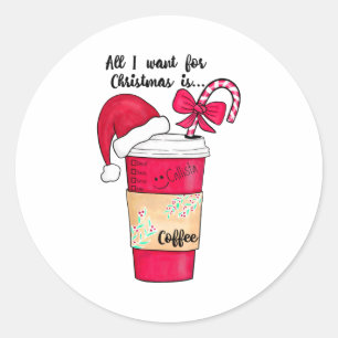 Cute Red Santa Hat Coffee Candy Cane Christmas Classic Round Sticker