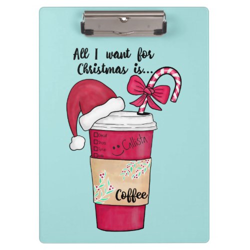 Cute Red Santa Hat Coffee Candy Cane Christmas Clipboard