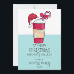 Cute Red Santa Hat Coffee Candy Cane Christmas Holiday Card<br><div class="desc">This cute and artsy Christmas holiday greeting card is the perfect way to spread the holiday spirit. It features a hand-drawn and hand-painted red, green, white, and black watercolor coffee cup with a decorative paper sleeve, a Santa Claus hat, and a candy cane with a bow illustration on top of...</div>