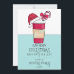 Cute Red Santa Hat Coffee Candy Cane Christmas Holiday Card<br><div class="desc">This cute and artsy Christmas holiday greeting card is the perfect way to spread the holiday spirit. It features a hand-drawn and hand-painted red, green, white, and black watercolor coffee cup with a decorative paper sleeve, a Santa Claus hat, and a candy cane with a bow illustration on top of...</div>