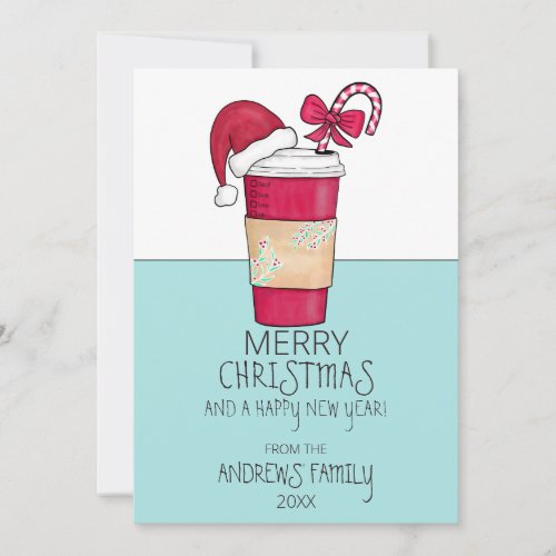 Cute Red Santa Hat Coffee Candy Cane Christmas Holiday Card