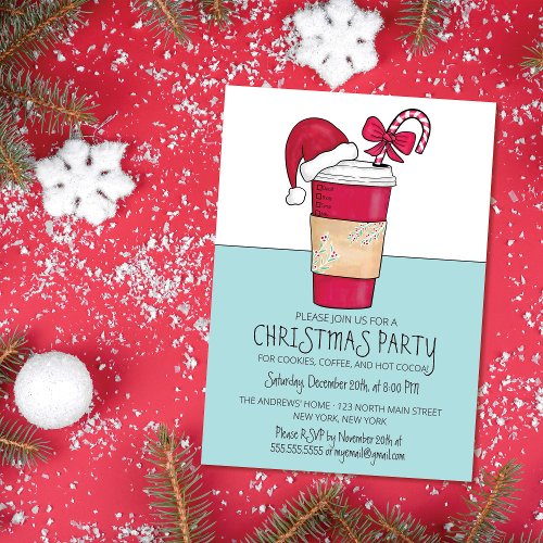 Cute Red Santa Hat Coffee Candy Cane Christmas Invitation