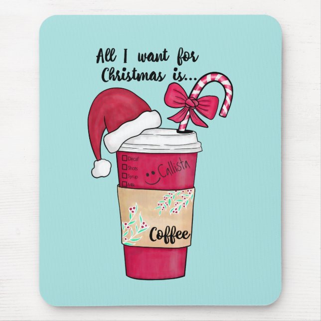 Cute Red Santa Hat Coffee Candy Cane Christmas Mouse Pad (Front)