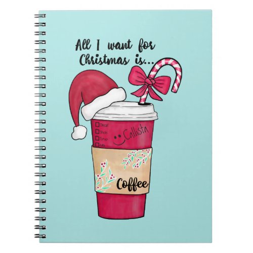 Cute Red Santa Hat Coffee Candy Cane Christmas Notebook