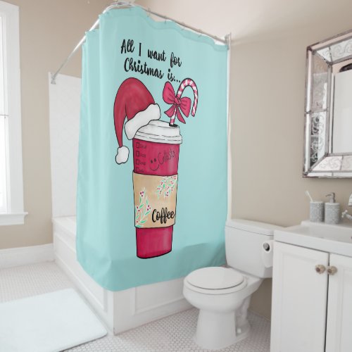 Cute Red Santa Hat Coffee Candy Cane Christmas Shower Curtain