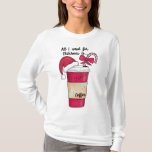 Cute Red Santa Hat Coffee Candy Cane Christmas T-Shirt<br><div class="desc">This cute and artsy Christmas design is the perfect way to spread the holiday spirit. It features a hand-drawn and hand-painted red, green, white, and black watercolor coffee cup with a decorative paper sleeve, a Santa Claus hat, and a candy cane with a bow illustration on top of a simple...</div>
